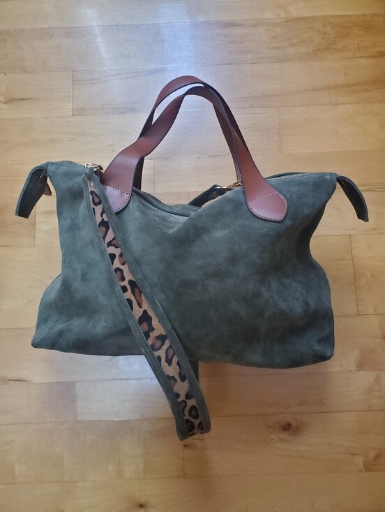 Handbags - Genuine Suede Carryall Tote Bag with Leopard Strap - Olive Green